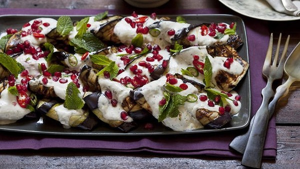 Grilled eggplant with tahini and yoghurt dressing