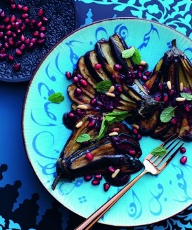 Grilled eggplants and pomegranate dressing