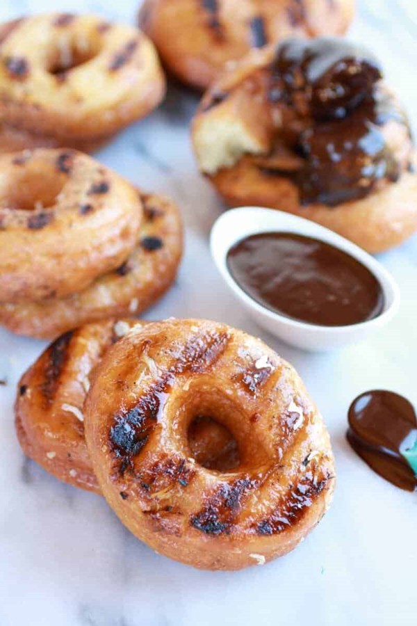 Grilled espresso glazed coconut doughnuts with mocha coconut ganache