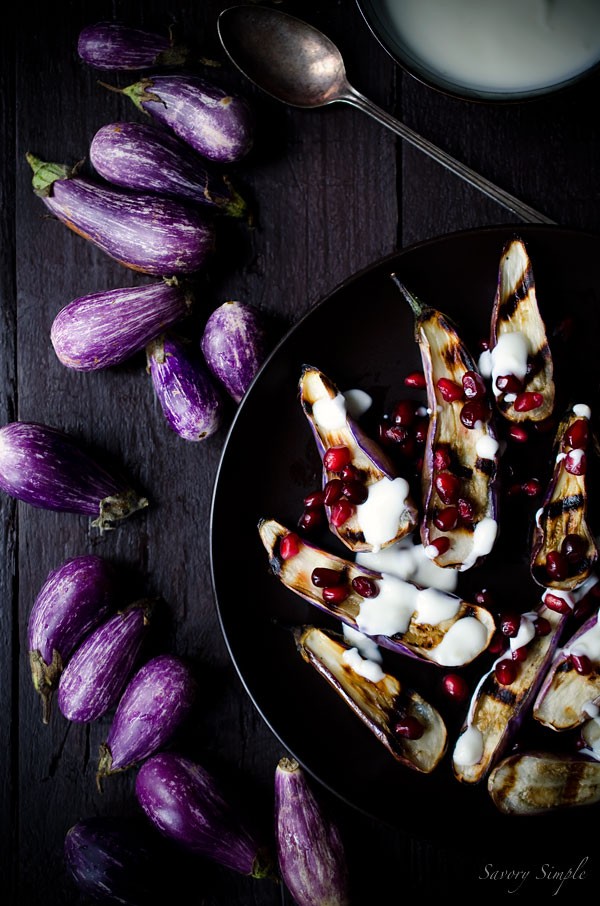 Grilled fairytale eggplant with garlic yogurt sauce and pomegranate