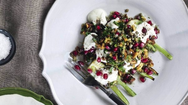 Grilled fennel and walnut and lentil tabouleh with pomegranate