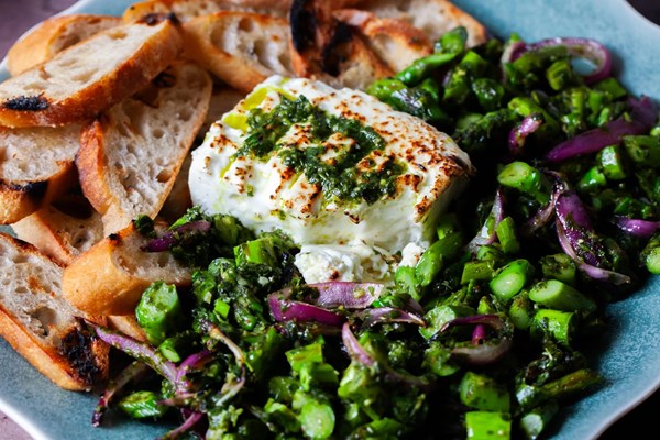 Grilled feta with asparagus chimichurri
