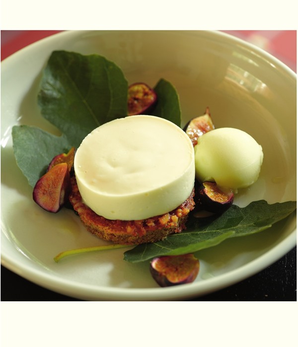 Grilled fig leaf panna cotta with figs and melon sorbet