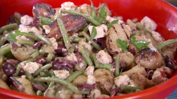 Grilled fingerling potato salad with feta, haricots verts, and olives