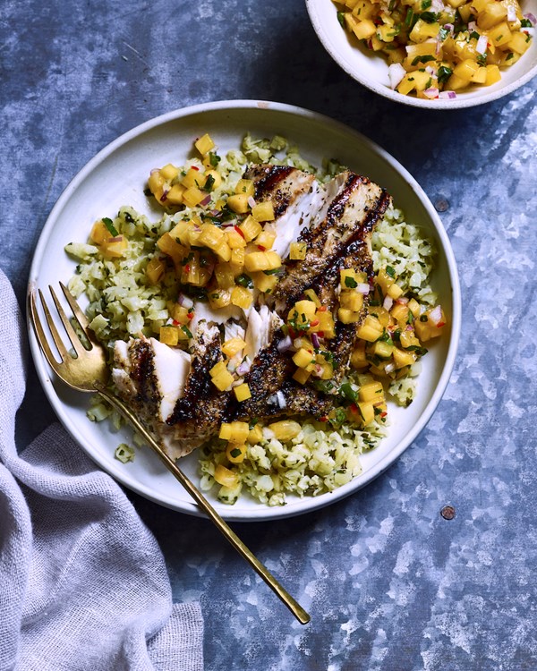 Grilled fish cauliflower rice bowl