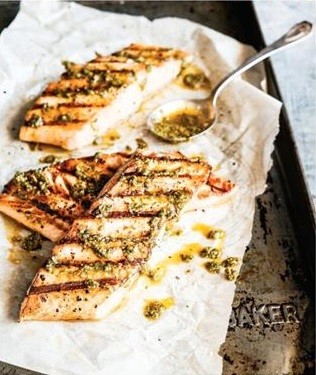 Grilled fish fillets with complex green sauce