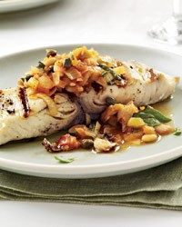 Grilled fish with artichoke caponata
