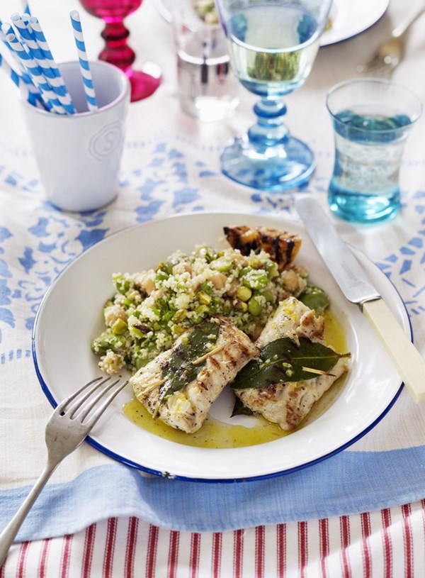 Grilled fish with broad bean and herb tabbouleh
