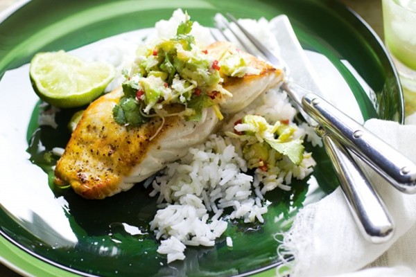 Grilled fish with lime, fresh coconut & avocado relish