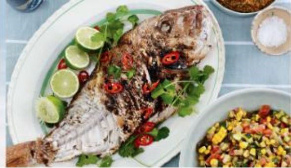 Grilled fish with Mexican-style zucchini and corn and pumpkin seed sauce