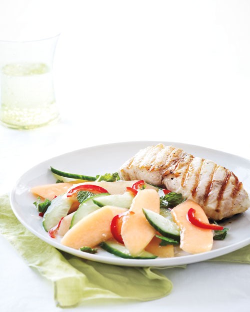 Grilled fish with spicy cantaloupe-cucumber salad