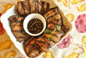 Grilled five-spice chicken thighs with soy-vinegar sauce & cilantro