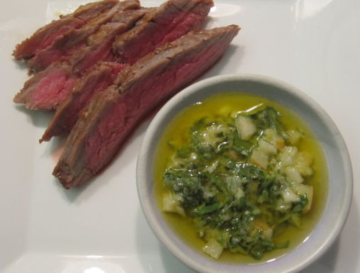Grilled flank steak with Asian green sauce (shiso, miso, daikon & pear)