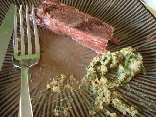 Grilled flank steak with charred green onion pesto