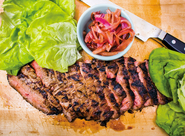 Grilled flank steak with Coca-Cola-pickled onions