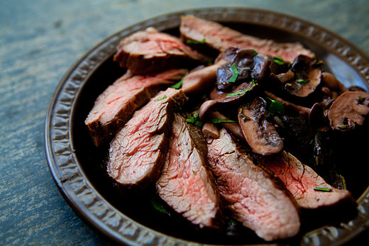 Grilled flank steak with mushrooms