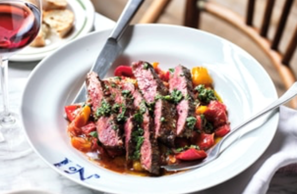 Grilled flat iron steak with peperonata and salsa verde