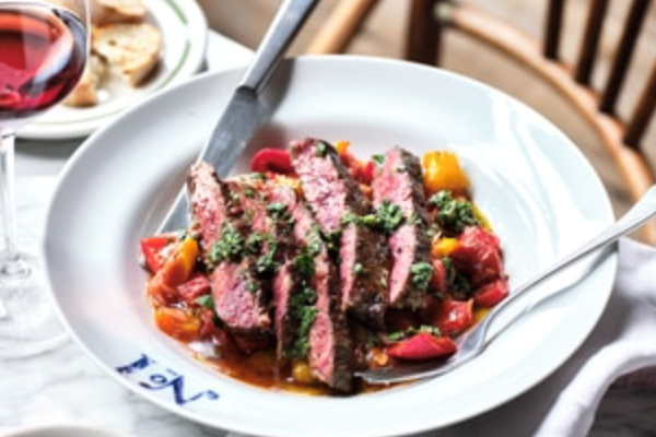 Grilled flat iron steak with peperonata and salsa verde