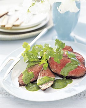 Grilled flat iron steak with chimichurri sauce