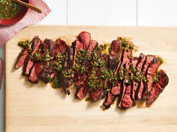 Grilled flat-iron steaks with herb-caper sauce