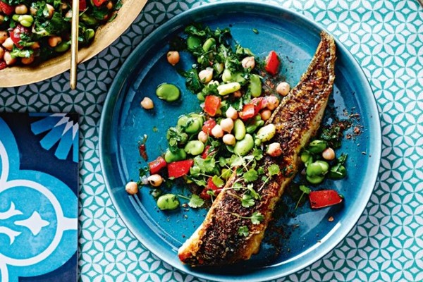 Grilled flathead with Egyptian-style broad beans