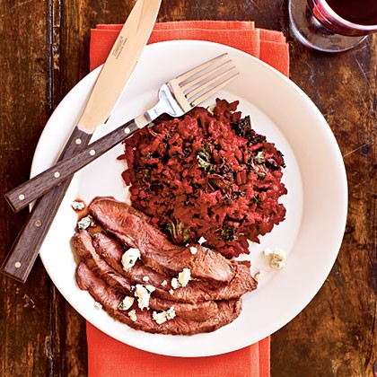 Grilled flatiron steaks with kale and beet risotto
