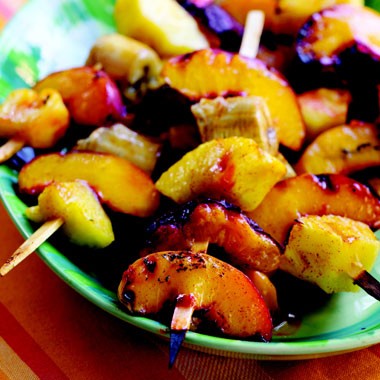 Grilled fruit skewers with spicy maple cumin glaze
