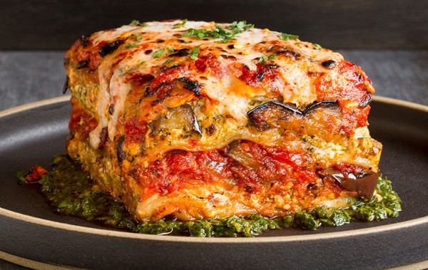 Grilled garden vegetable lasagna with puttanesca sauce