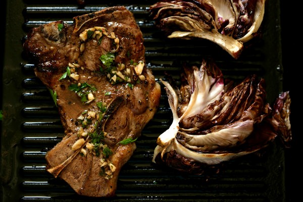 Grilled garlicky lamb shoulder chops with sherry vinegar and radicchio