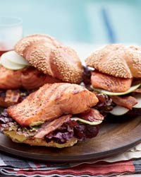 Grilled glazed-salmon sandwiches with bacon