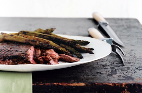 Grilled glazed steak and asparagus