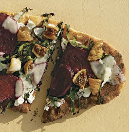 Grilled goat cheese pizza with figs, beets, and wilted greens