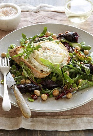 Grilled goat's cheese, roasted beetroot, hazelnuts and broad beans
