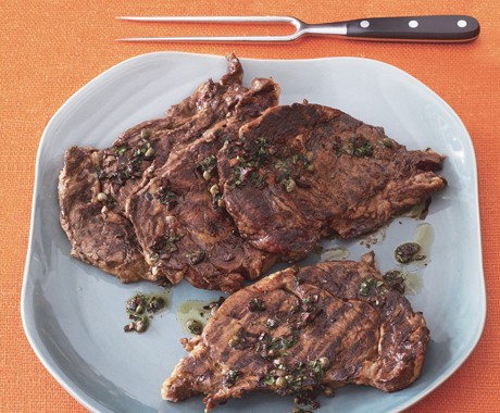 Grilled grass-fed rib-eye steaks with balsamic-caper vinaigrette