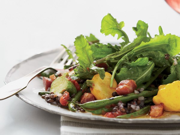 Grilled green bean salad with lentil vinaigrette