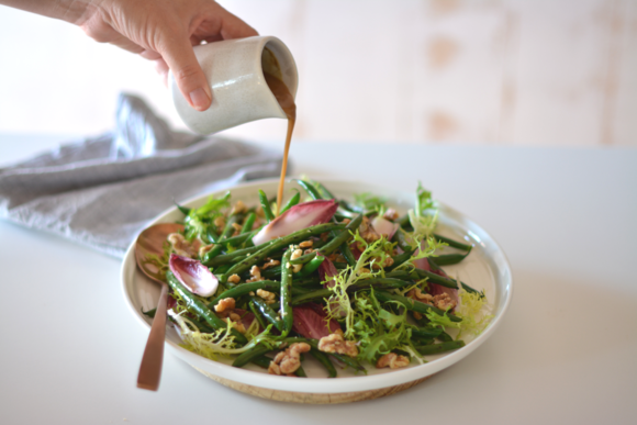 Grilled green bean, witlof and walnut salad