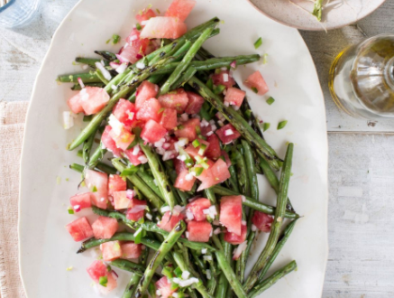 Grilled green beans with watermelon-radish salsa