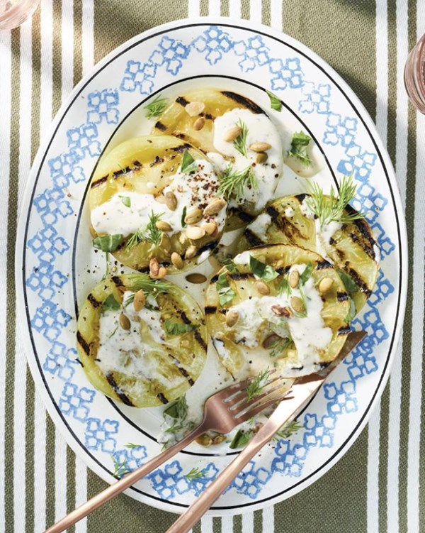 Grilled green tomato salad with buttermilk vinaigrette and pepitas