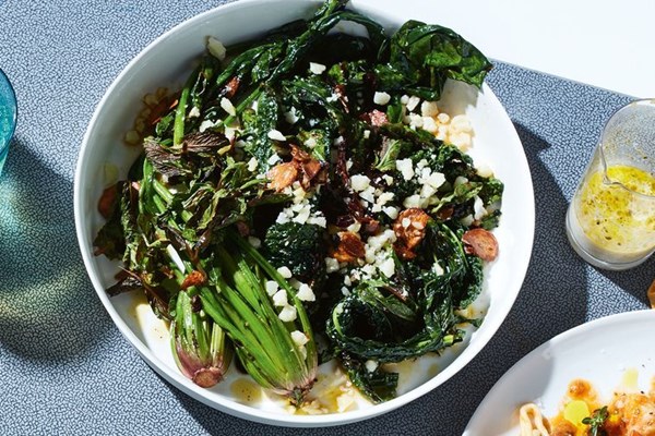 Grilled greens with pecorino, garlic and chilli