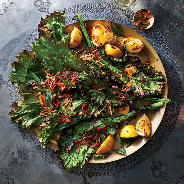 Grilled greens with popped mustard seeds and ginger