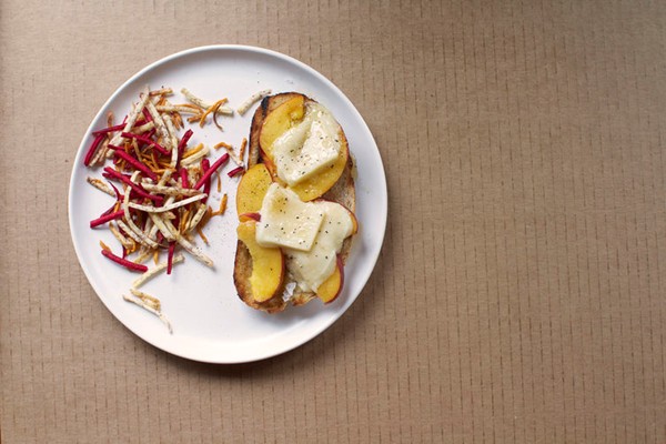 Grilled Gruyère, nectarine, and honey tartines on sourdough