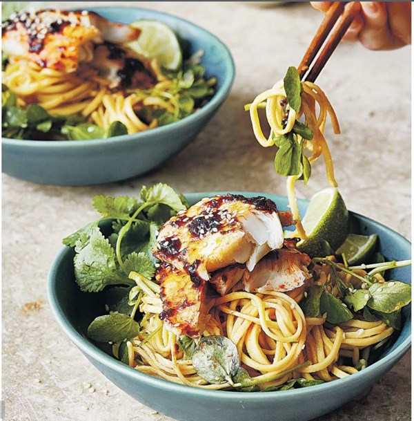 Grilled hake with ginger & garlic watercress noodles