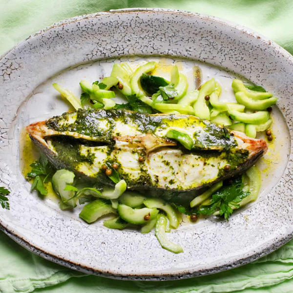 Grilled halibut, basil butter