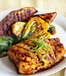 Grilled halibut, eggplant, and baby bok choy with Korean barbecue sauce