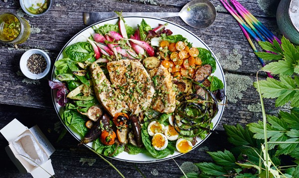 Grilled halibut Niçoise olives with market vegetables