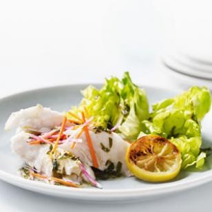 Grilled halibut salad with beet-carrot slaw