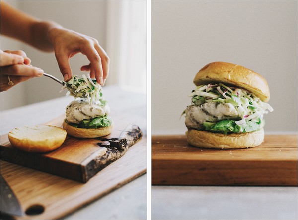 Grilled halibut sandwiches with jalapeno slaw