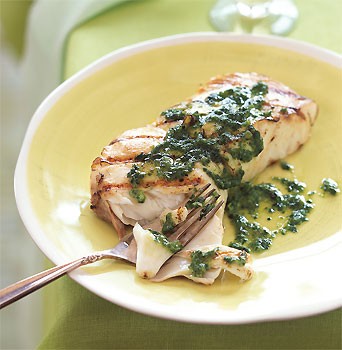 Grilled halibut with basil-shallot butter