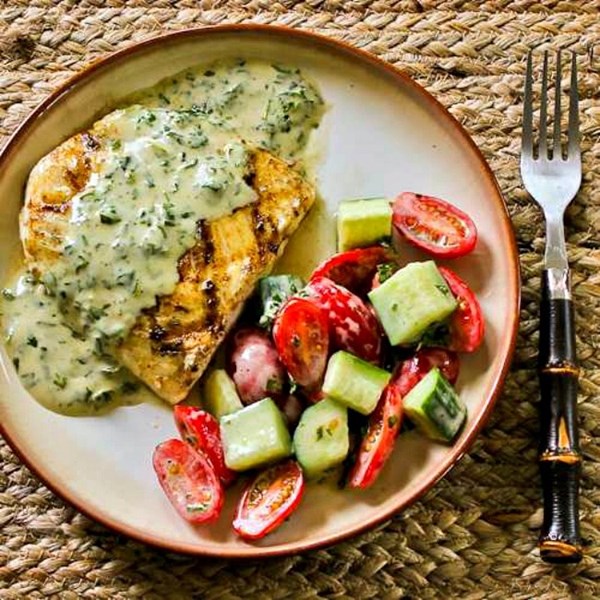 Grilled halibut with basil vinaigrette