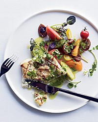 Grilled halibut with herb pistou and walnut butter